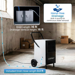 189 Pint Commercial Dehumidifier with Built-in Pump, 16 ft Lift, 8 in Wheels, Upright, Black and White