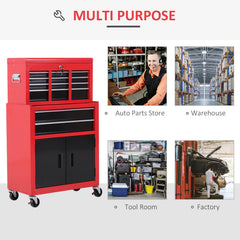 6-Drawer Rolling Tool Chest, 2 in 1 Lockable Storage Cabinet with Hooks, Metal Tool Box for Garage, Workshop, Black