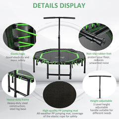 48" Mini Trampoline, Foldable Trampoline with Adjustable Handle Bar for Adults Exercise, Workout, Fitness, Green