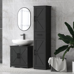67" Tall Bathroom Cabinet, Narrow Bathroom Storage Cabinet with Drawer, Barn Doors and Adjustable Shelves, Black