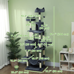 81" Large Cat Tree w/ Scratching Posts, Condos, Beds, Hammocks, Jumping Platforms, Toy Balls, Rope Cat Toy, Beige
