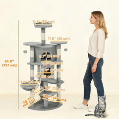 62" Cat Tree with Scratching Post, 2 Condos, Hammock, Perches, Plush, Pompoms, for Indoor Cats, Beige
