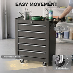 5 Drawer Roller Tool Chest, Lockable Toolbox, Storage Organizer with Handle for Workshop Mechanics Garage, Black and Red
