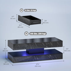 Coffee Table with Adjustable LED Lights, Modern Living Room Table with 2 Drawers, Open Shelf, Remote, High Gloss White