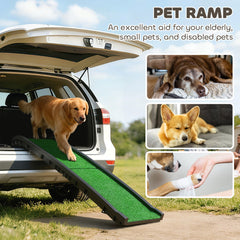 61 Inches Folding Pet Ramp with Grass Surface, Raised Side Rails, for Cars, SUVs