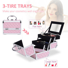 3 Tier Diamond Texture Makeup Train Case Cosmetic Organizer with Mirror, Black