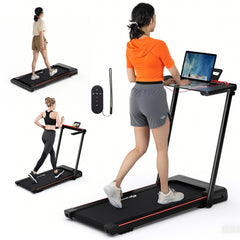 3-in-1 Folding Treadmill with Large Desk and LCD Display-Black