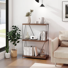 34 Inch 3 Tier Display Rack with Metal Frame, Walnut Bookshelf 24 Inches Wide