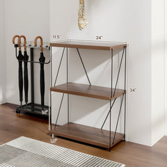 34 Inch 3 Tier Display Rack with Metal Frame, Walnut Bookshelf 24 Inches Wide