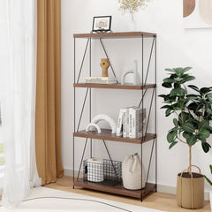 4 Tier Display Rack with Metal Frame, Walnut Industrial Bookshelf with Adjustable Feet