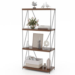 4 Tier Display Rack with Metal Frame, Walnut Industrial Bookshelf with Adjustable Feet