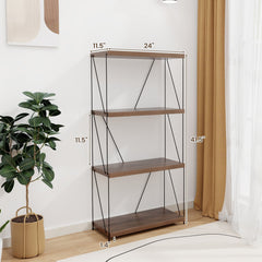 4 Tier Display Rack with Metal Frame, Walnut Industrial Bookshelf with Adjustable Feet