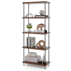 5 Tier Display Rack with Metal Frame, Tall Walnut Bookshelf with Adjustable Feet