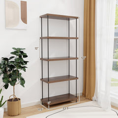 5 Tier Display Rack with Metal Frame, Tall Walnut Bookshelf with Adjustable Feet