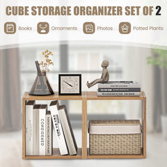 Stackable Cube Bookcase, Set of 2 Open Cubes, Natural Wood Look