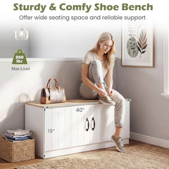 2-Door Shoe Bench Shoe Storage Cabinet with Adjustable Shelves-Natural