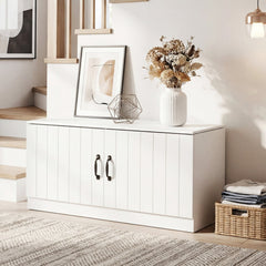 2-Door Shoe Bench Shoe Storage Cabinet with Adjustable Shelves-White