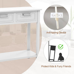 Narrow Console Table with Drawers and Open Storage Shelf-White