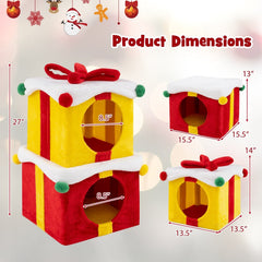 2 Gift Box Shaped Cute Christmas Cat House with Bow-Multicolor