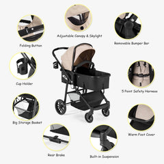 2 in 1 Foldable Pushchair Newborn Infant Baby Stroller-Coffee