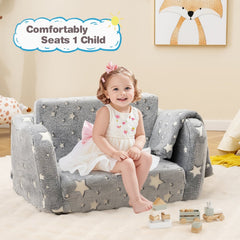 2-in-1 Folding Kids Couch with Blanket Glow in the Dark-Gray