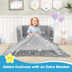 2-in-1 Folding Kids Couch with Blanket Glow in the Dark-Gray