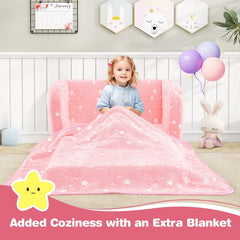 2-in-1 Folding Kids Couch with Blanket Glow in the Dark-Pink