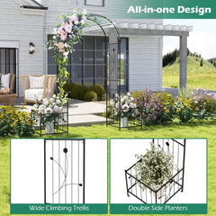2 in 1 Garden Arbor with 2 Side Planters and 8 Ground Stakes-Black