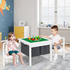 2 in 1 Kids Activity Block Table and 2 Chair Set with Storage, White