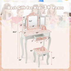 2-in-1 Kids Vanity Table Set with Tri-Folding Mirror-Pink
