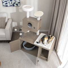 2 in 1 Cat Tower with Litter Box Enclosure, 52 Inch Multi Level Cat Tree with Self Groomer, Gray