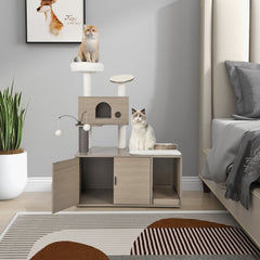 2 in 1 Cat Tower with Litter Box Enclosure, 52 Inch Multi Level Cat Tree with Self Groomer, Gray