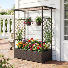 2-in-1 Raised Garden Bed with Hanging Roof and Trellises-Brown