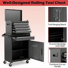 2-in-1 Rolling Tool Chest with 5 Sliding Lockable Drawers-Black & Gray