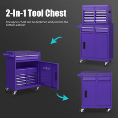 2-in-1 Rolling Tool Chest with 5 Sliding Lockable Drawers-Purple