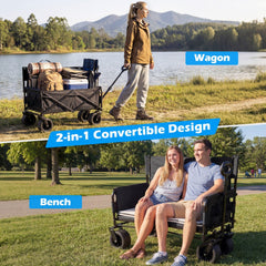 2-in-1 Wagon Bench Seat Combo Collapsible Beach Cart with Handle and Cushion-Black
