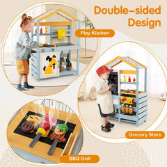 2 in 1 Wooden Mud Kitchen with Removable Water Box, and Storage Bag-Gray