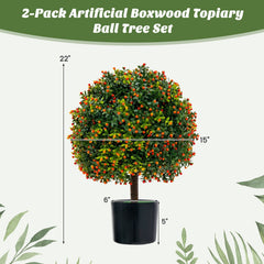 Artificial Boxwood Topiary Ball Trees with Orange Fruit, 2 Pack in Cement Pots