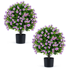 2 Pack Artificial Eucalyptus Topiary Trees with Flowers and Cement Planter for Home-Purple