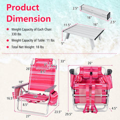 2 Packs 5-Position Outdoor Folding Backpack Beach Table Chair Reclining Chair Set-Hot Pink
