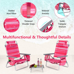 2 Packs 5-Position Outdoor Folding Backpack Beach Table Chair Reclining Chair Set-Hot Pink