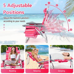 2 Packs 5-Position Outdoor Folding Backpack Beach Table Chair Reclining Chair Set-Hot Pink