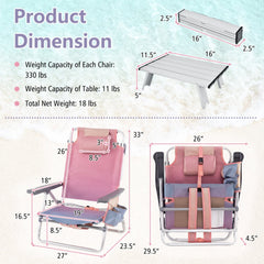 2 Packs 5-Position Outdoor Folding Backpack Beach Table Chair Reclining Chair Set-Pink