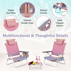 2 Packs 5-Position Outdoor Folding Backpack Beach Table Chair Reclining Chair Set-Pink