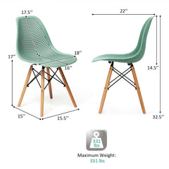 Pair of Modern Sage Green Shell Dining Chairs with Perforated Seat and Beech Wood Legs