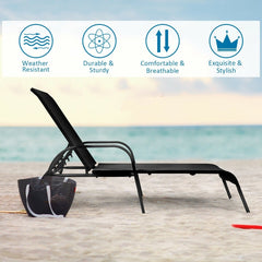 Set of 2 Patio Chaise Lounge Chairs with 5 Reclining Positions, Black