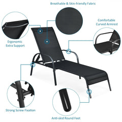 Set of 2 Patio Chaise Lounge Chairs with 5 Reclining Positions, Black