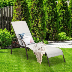 Set of 2 Patio Chaise Lounge Chairs with Off White Slings and Bronze Frames