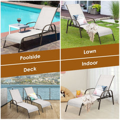 Set of 2 Patio Chaise Lounge Chairs with Off White Slings and Bronze Frames