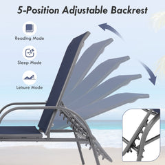 Set of 2 Stackable Patio Chaise Lounge Chairs with 5 Position Backrests, Navy